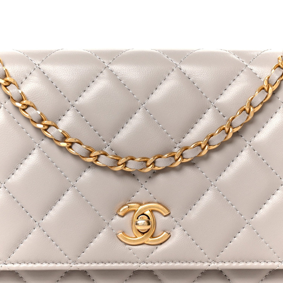 Lambskin Quilted CC Pearl Crush Wallet on Chain WOC Grey wholesalehk.shop