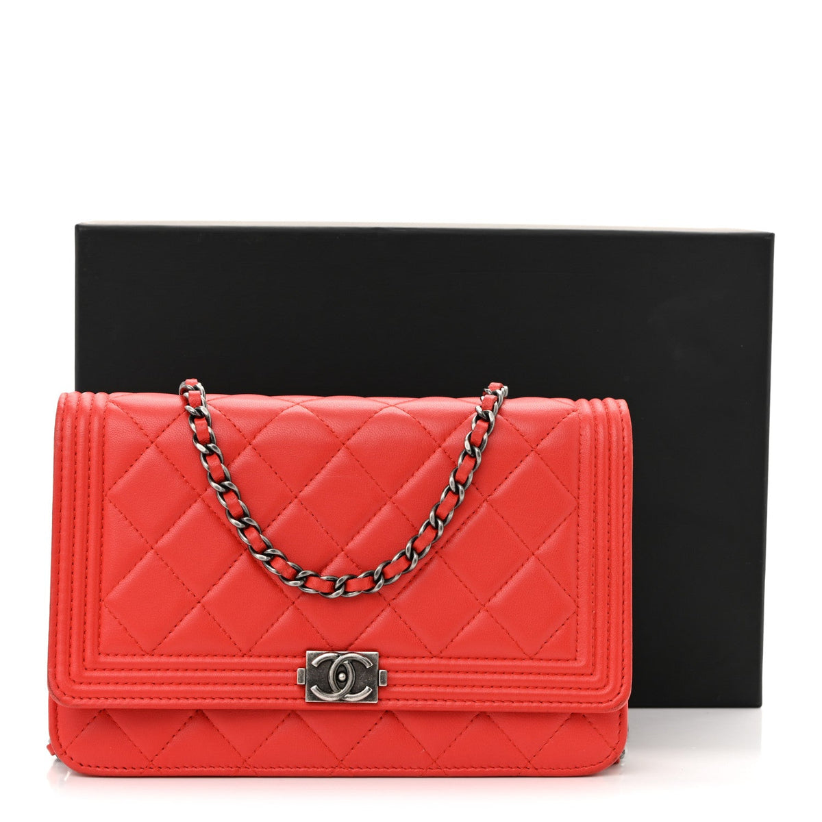 Lambskin Quilted Boy Wallet On Chain WOC Red wholesalehk.shop