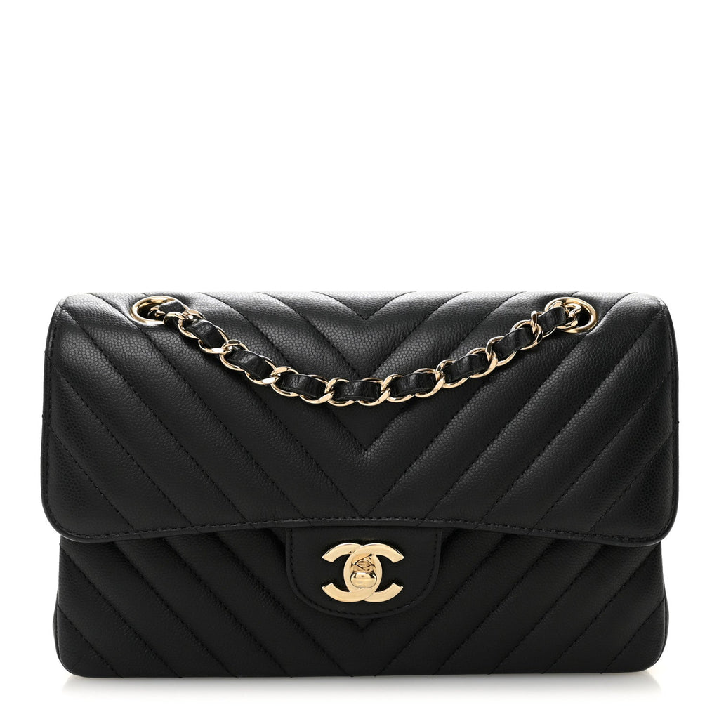 Caviar Flat Chevron Quilted Small Double Flap Black wholesalehk.shop