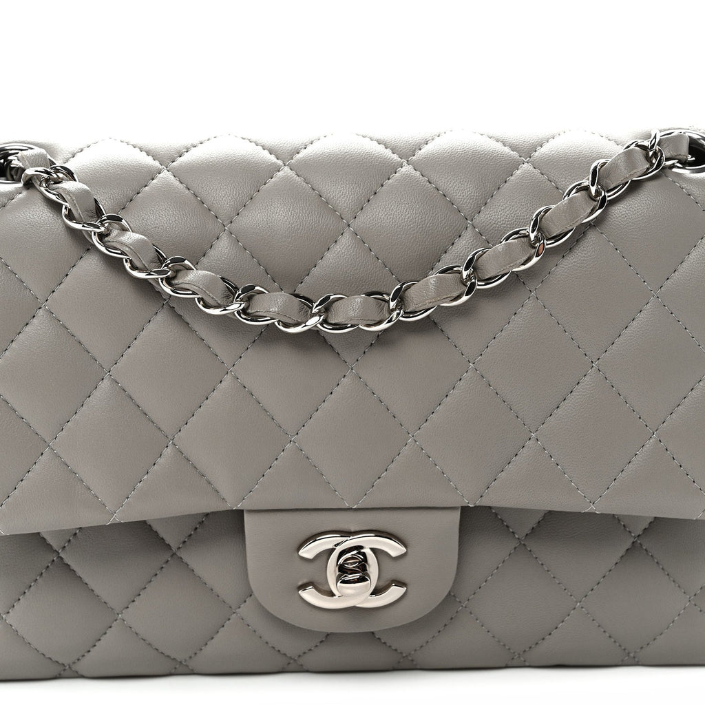 Lambskin Quilted Medium Double Flap Grey wholesalehk.shop