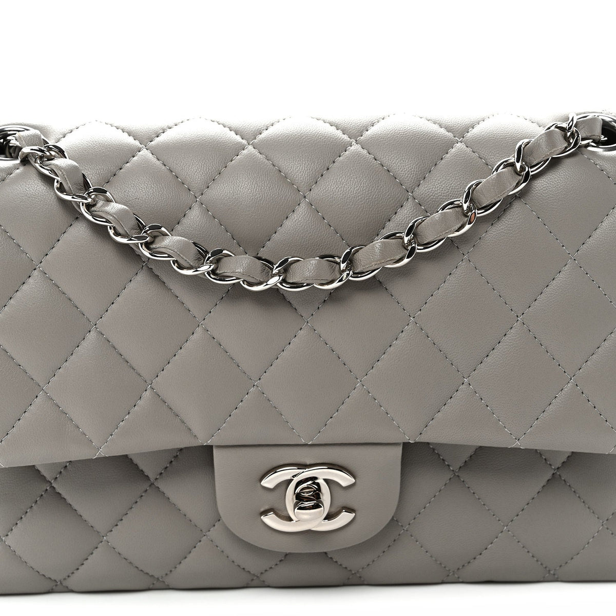 Lambskin Quilted Medium Double Flap Grey wholesalehk.shop