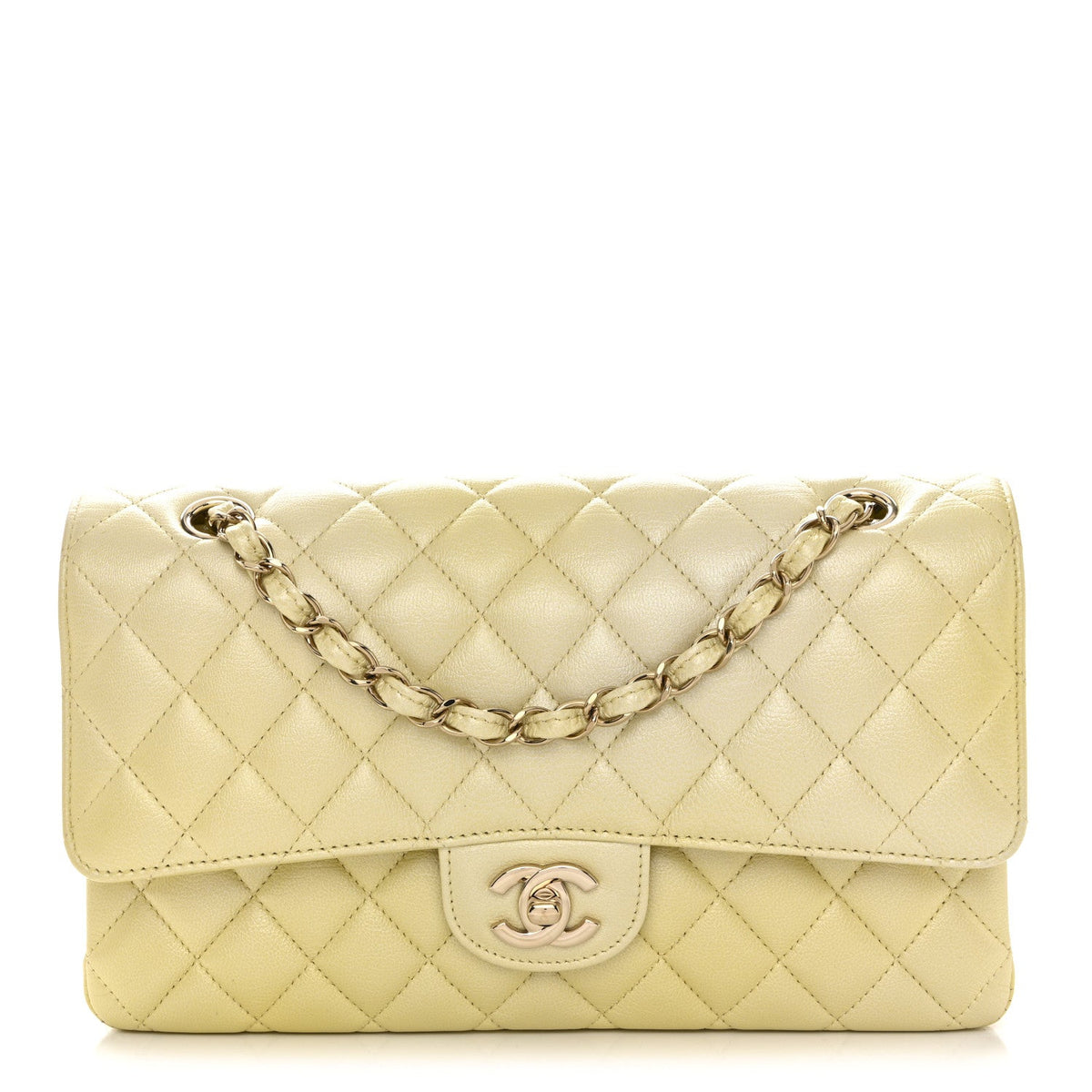 Cloudy Pearly Goatskin Quilted Medium Double Flap Light Yellow wholesalehk.shop