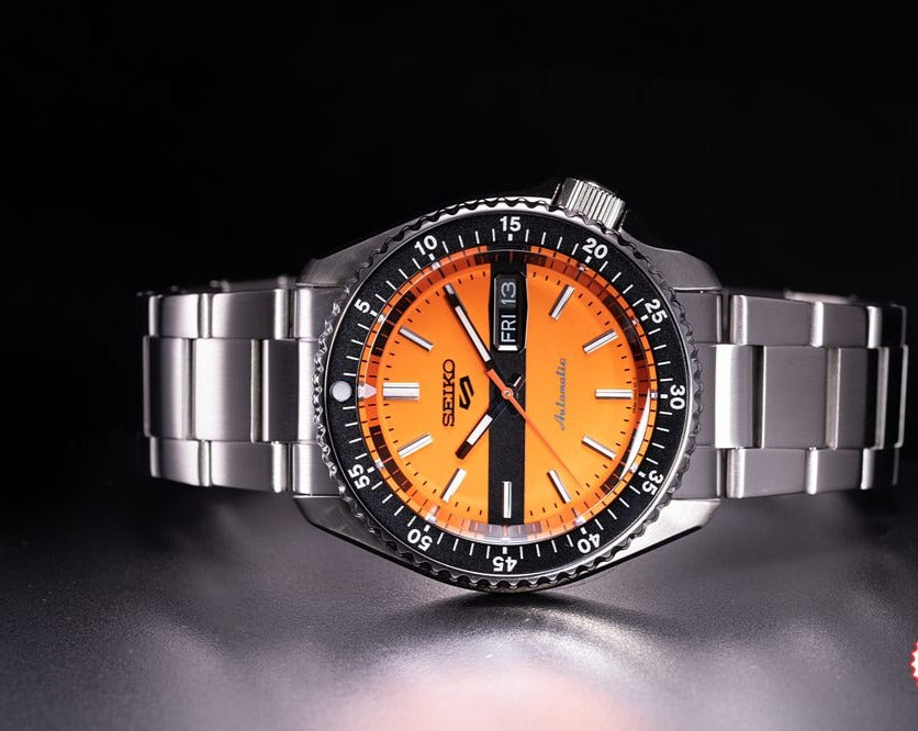 Seiko 5 Sports Double Hurricane Retro Orange Dial Silver Steel Strap Watch For Men - SRPK11K1 wholesalehk.shop