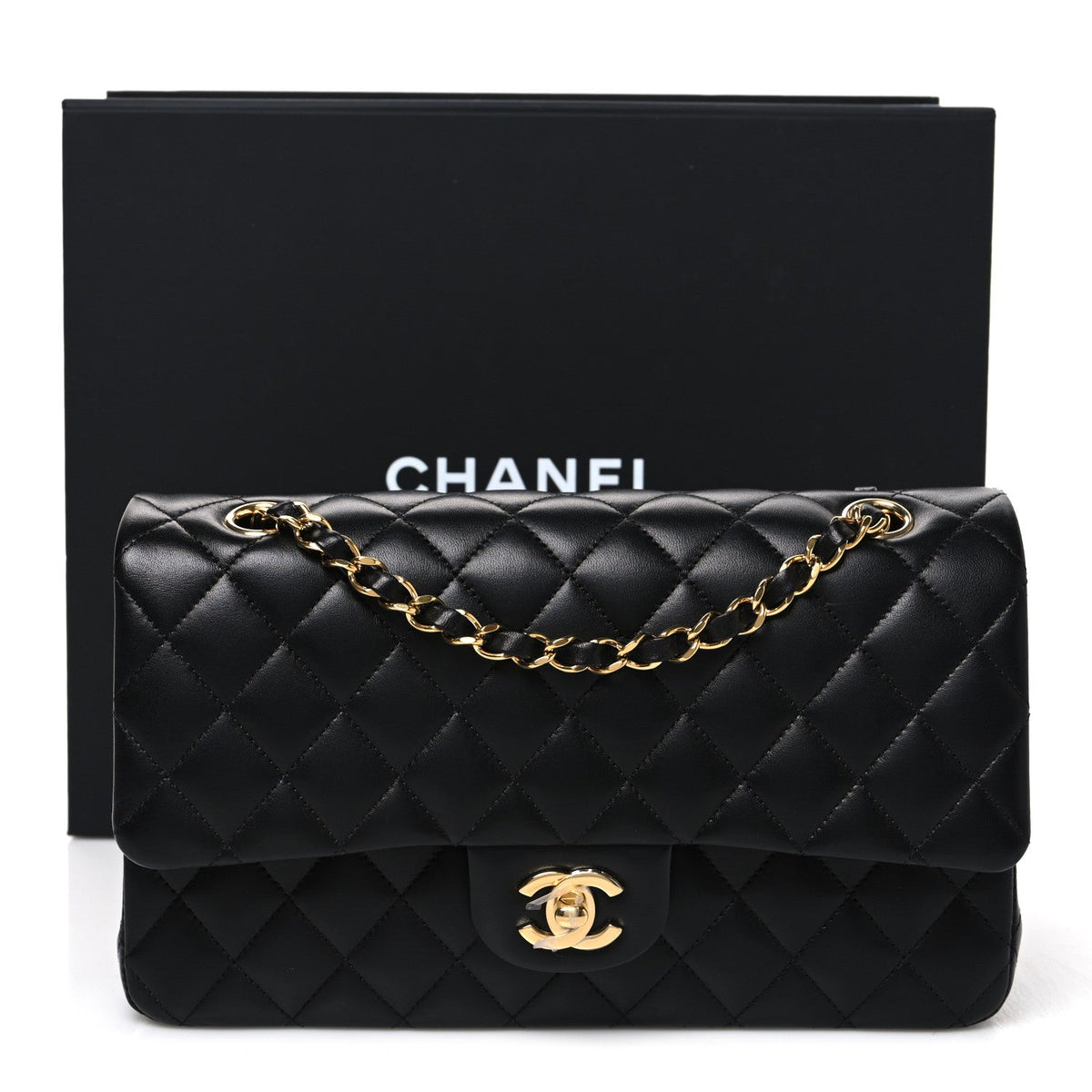 Lambskin Quilted Medium Double Flap Black wholesalehk.shop