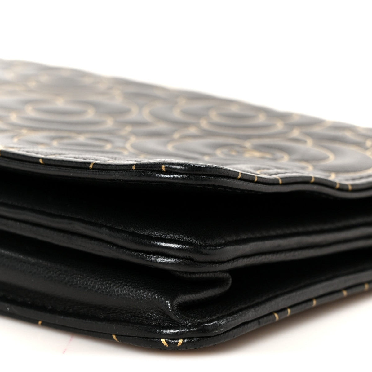 Lambskin Camellia Embossed Wallet On Chain WOC Black Gold wholesalehk.shop
