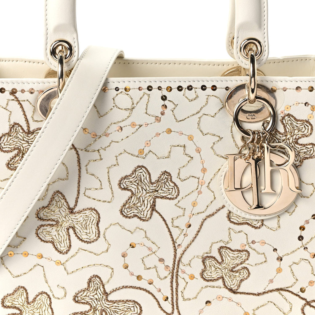 Smooth Calfskin Sequin Embroidered Clover Medium Lady Dior White wholesalehk.shop