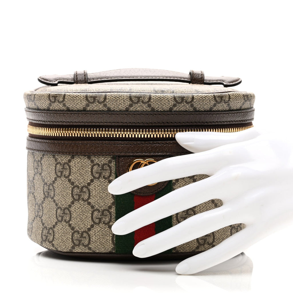 GG Supreme Monogram Textured Calfskin Web Ophidia Vanity Cosmetic Case Beige Ebony New Acero wholesalehk.shop