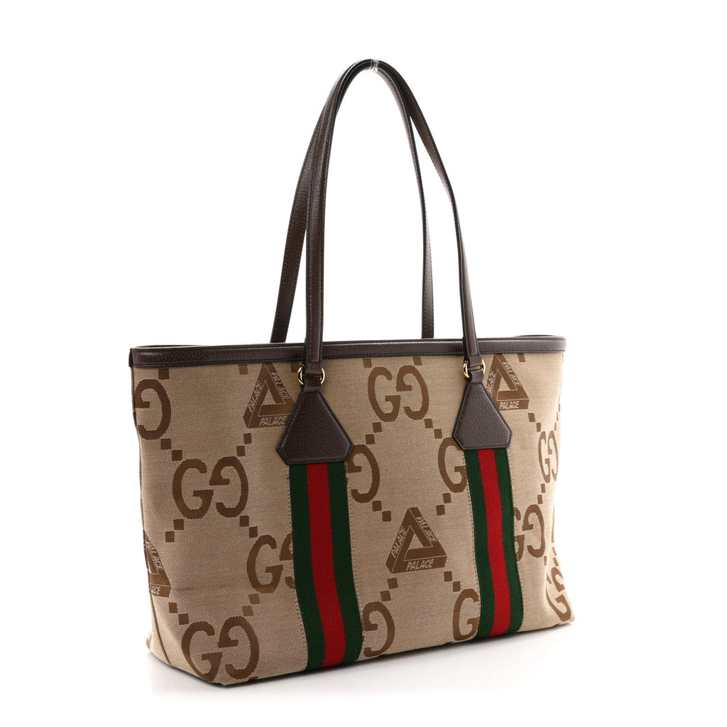 X PALACE Monogram Jumbo GG Textured Dollar Calfskin Web Medium Ophidia Shopping Tote Camel Ebony wholesalehk.shop