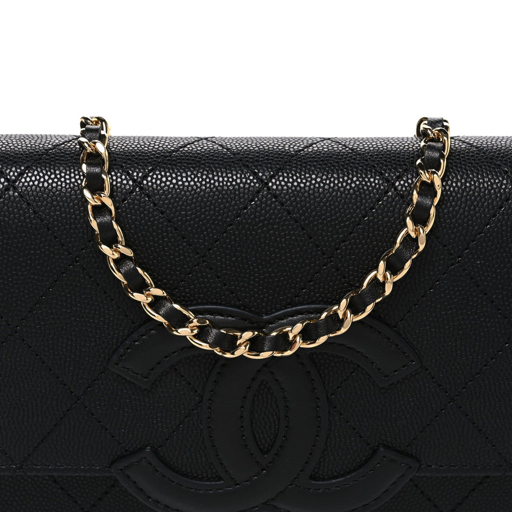 Shiny Caviar Lambskin Quilted CC Neo Filigree Wallet on Chain WOC Black wholesalehk.shop