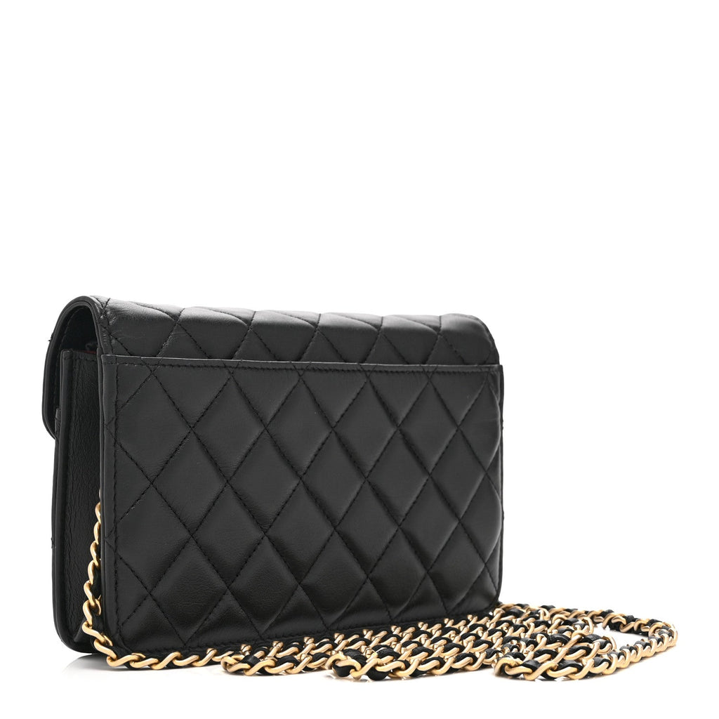 Calfskin Quilted Enchained Wallet On Chain WOC Black wholesalehk.shop