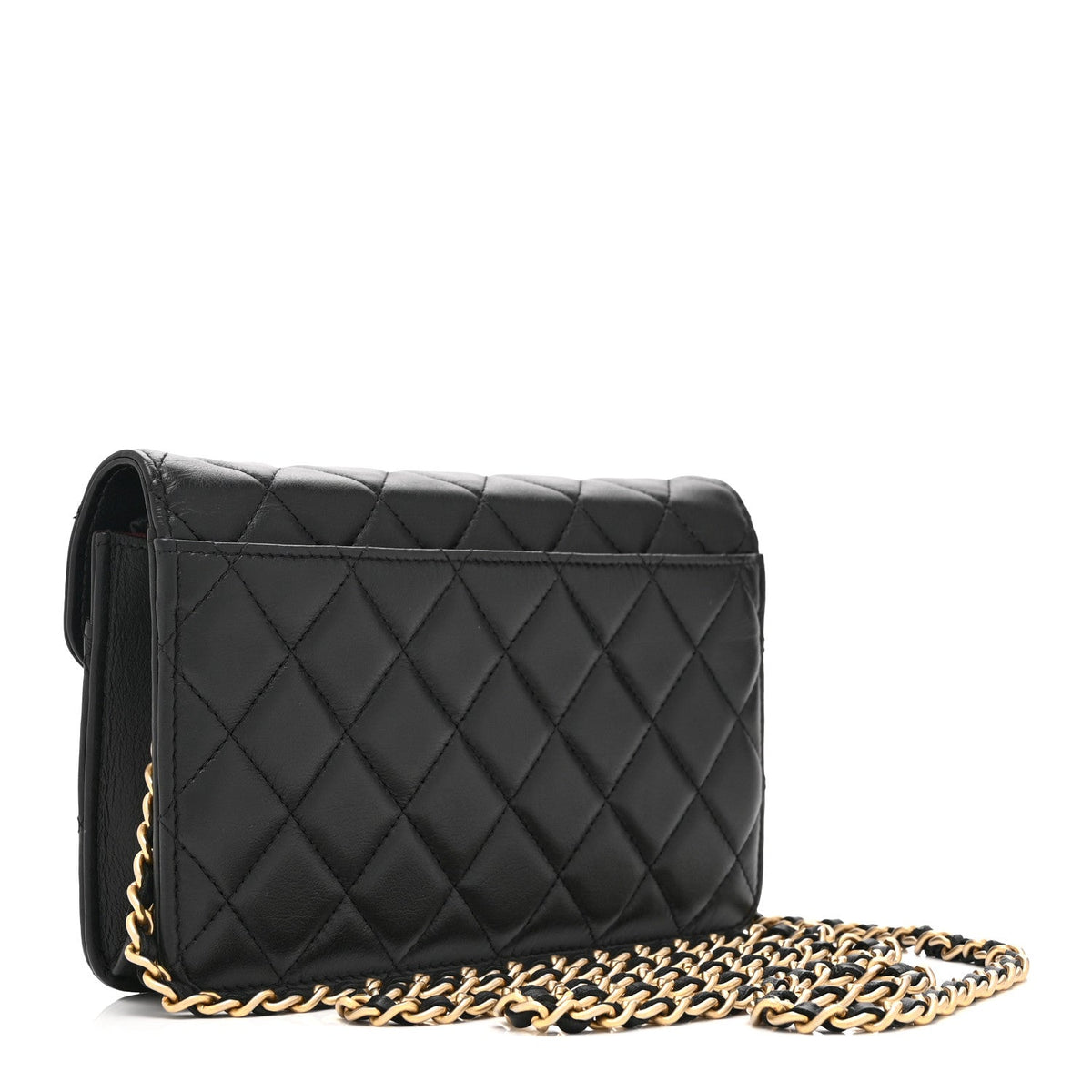 Calfskin Quilted Enchained Wallet On Chain WOC Black wholesalehk.shop
