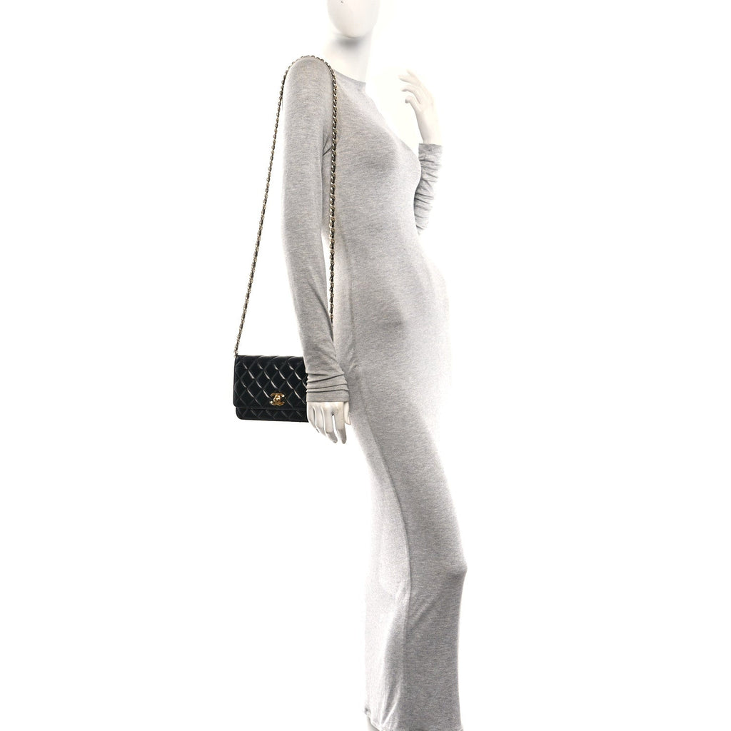 Shiny Lambskin Quilted Golden Links Wallet On Chain WOC Black wholesalehk.shop