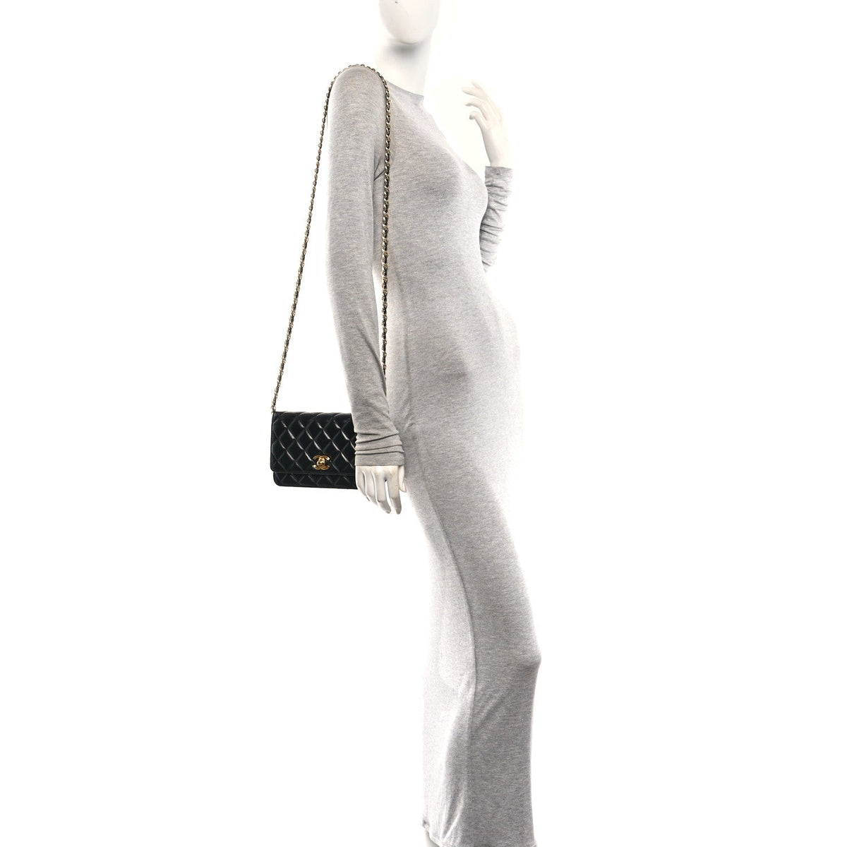 Shiny Lambskin Quilted Golden Links Wallet On Chain WOC Black wholesalehk.shop