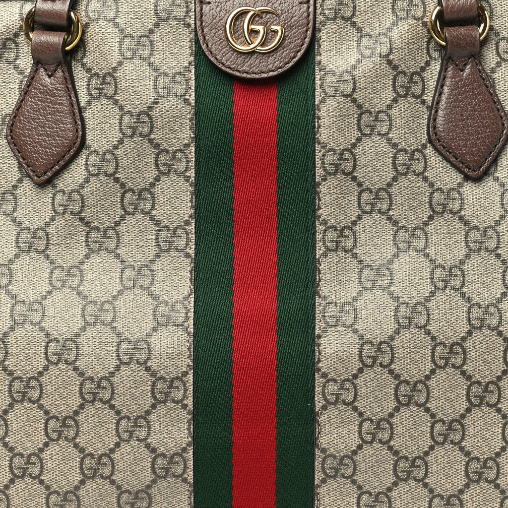 GG Supreme Monogram Textured Calfskin Web Medium Ophidia Shopping Tote Beige Ebony New Acero wholesalehk.shop