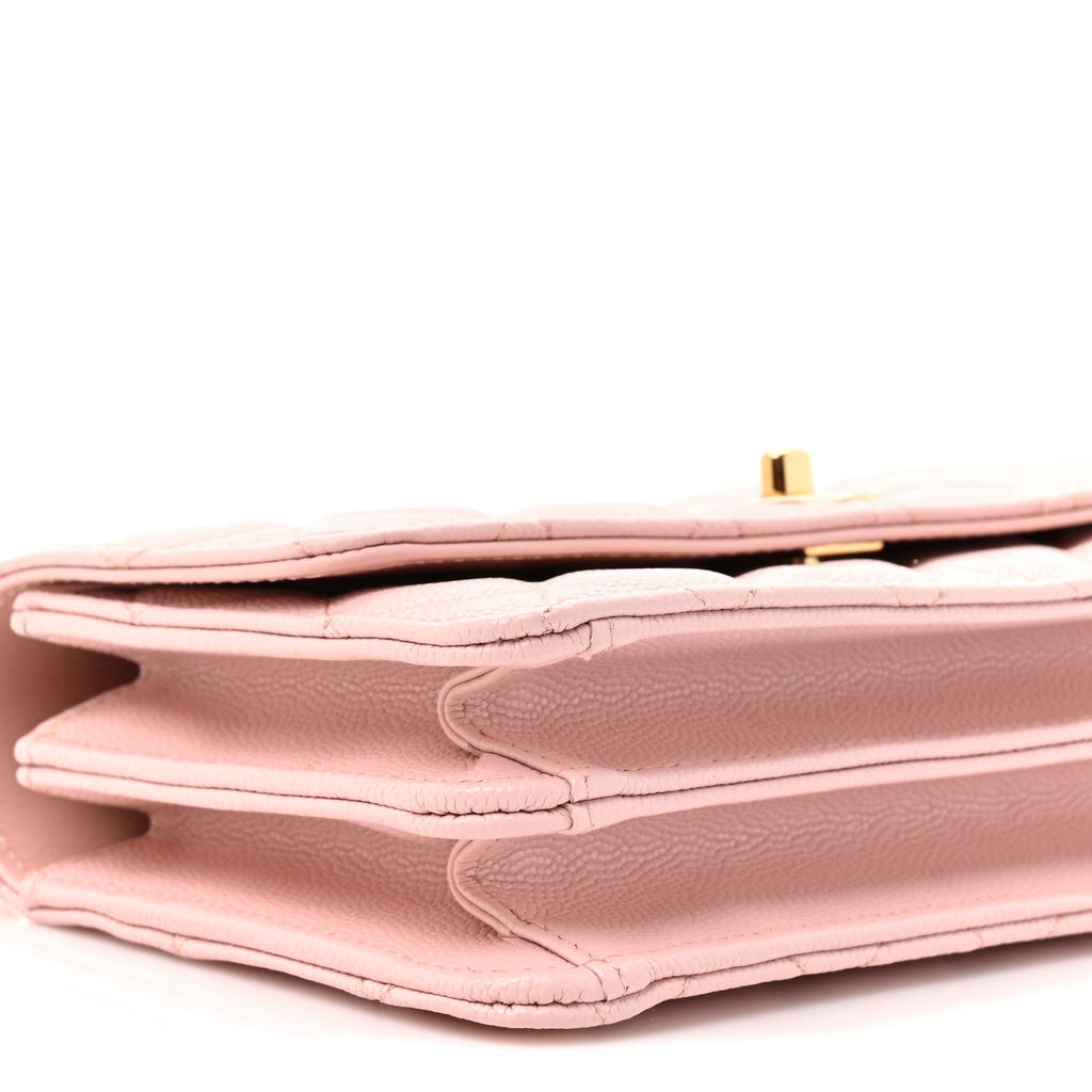 Shiny Caviar Quilted Flap Charm Wallet On Chain WOC Light Pink wholesalehk.shop
