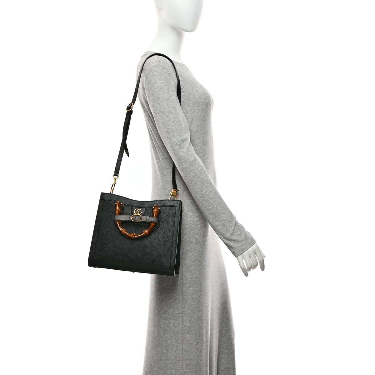Textured Dollar Calfskin Web Small Diana Tote Bag Black Dusty Grey wholesalehk.shop