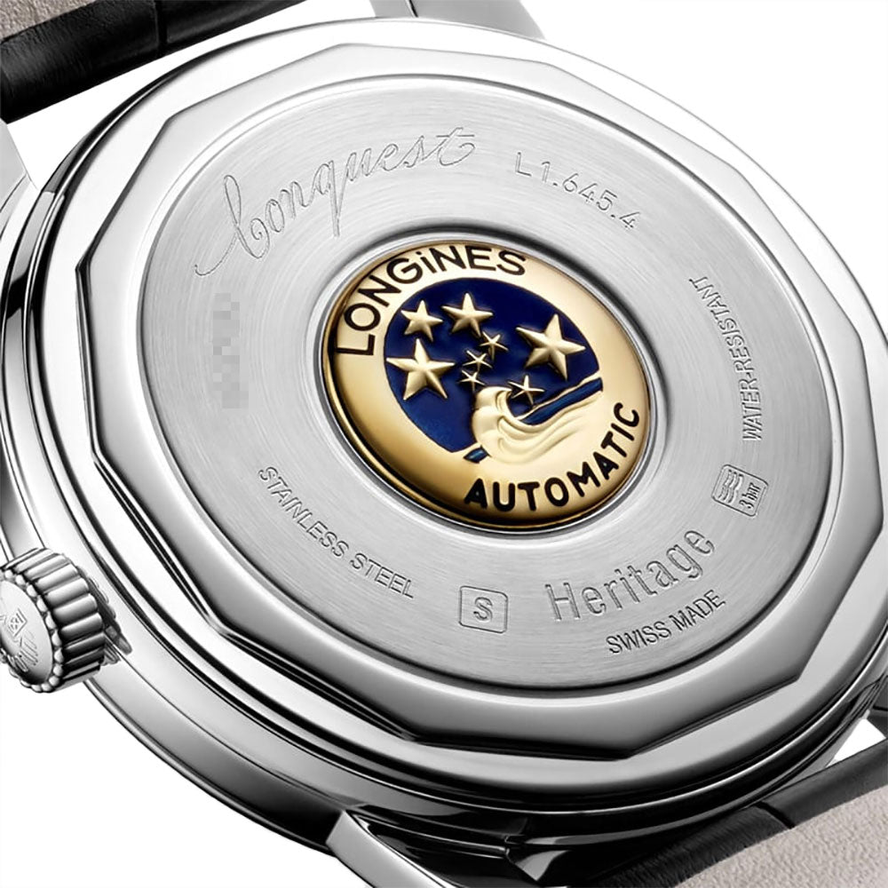 Longines Conquest Heritage Automatic Stainless Steel Silver Dial Black Leather Strap Date Mens Watch L1.645.4.75.4 wholesalehk.shop