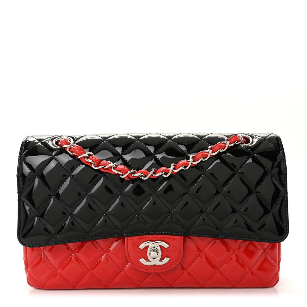 Patent Calfskin Quilted Bi-Color Medium Double Flap Black Red wholesalehk.shop
