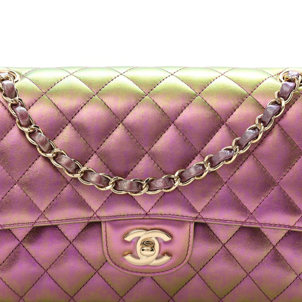 Iridescent Lambskin Quilted Medium Double Flap Purple wholesalehk.shop