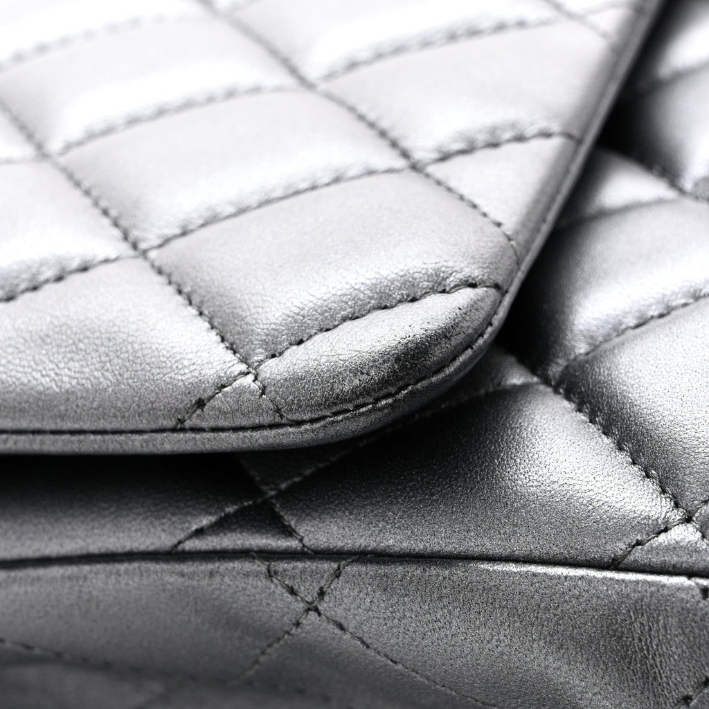 Metallic Lambskin Quilted Maxi Double Flap Pewter wholesalehk.shop