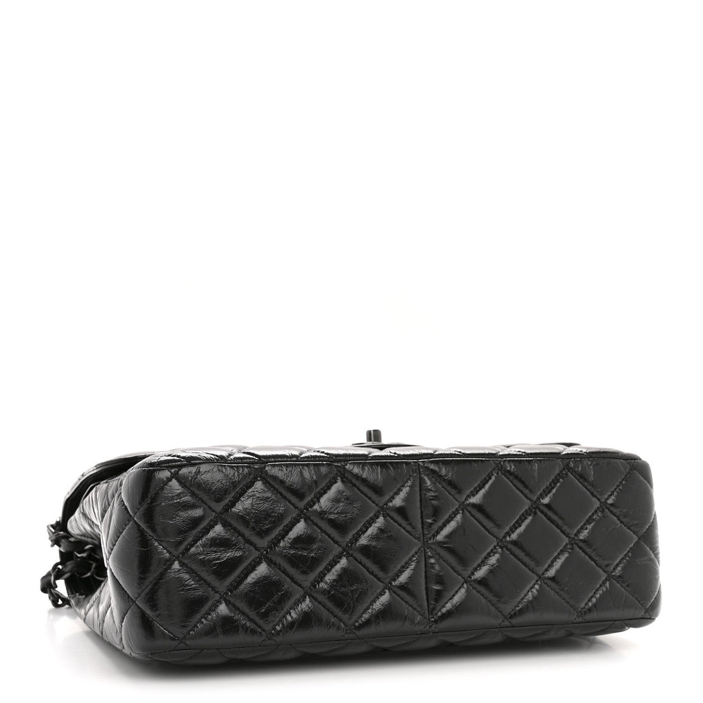 Shiny Crumpled Calfskin Quilted Jumbo Double Flap So Black wholesalehk.shop