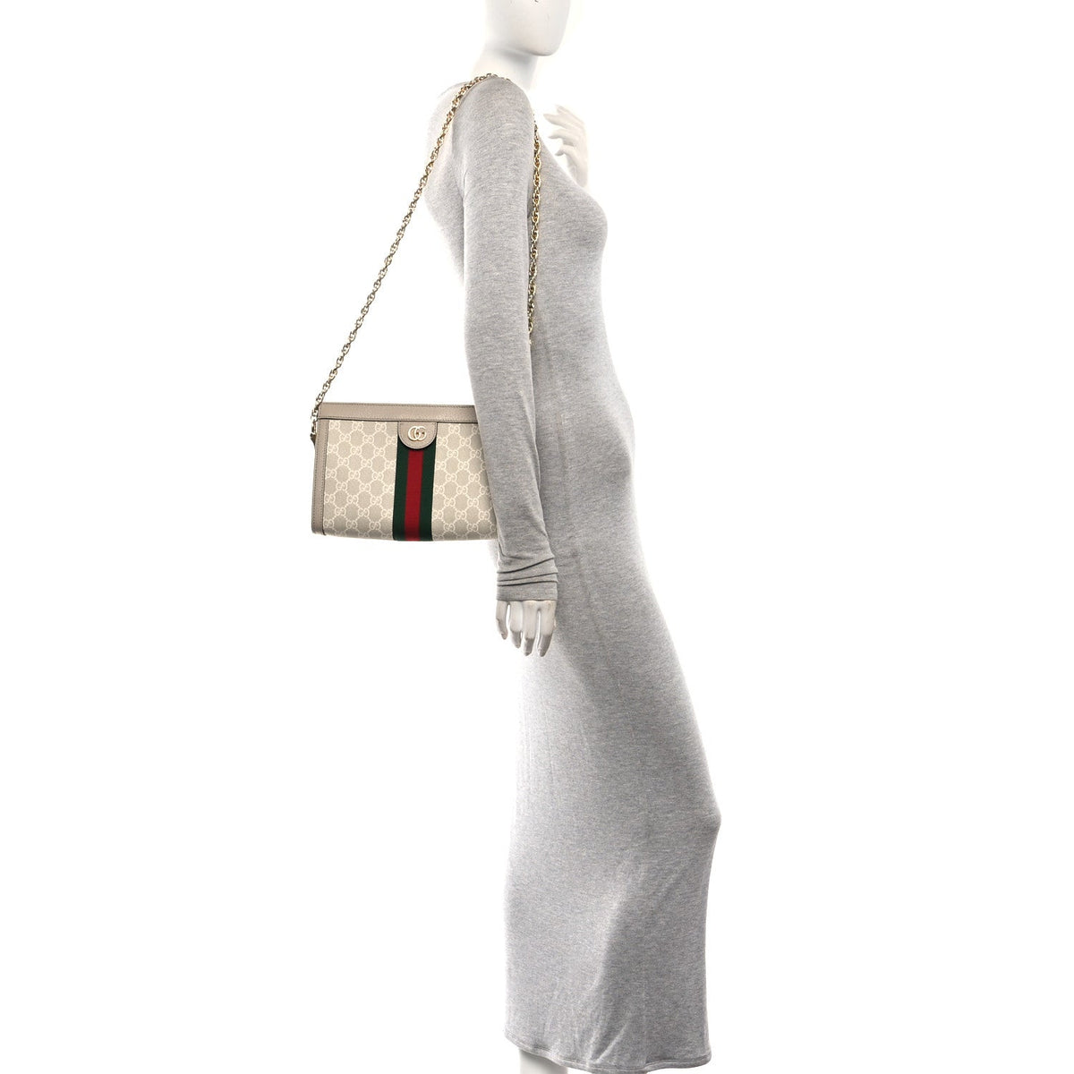 GG Supreme Monogram Textured Dollar Calfskin Web Small Ophidia Chain Shoulder Bag Beige Mystic White Oatmeal wholesalehk.shop
