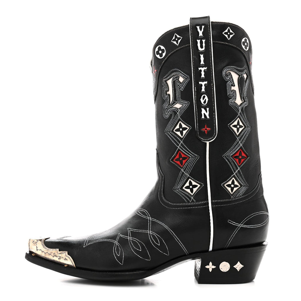 Calfskin LV Texan Mens Rider Boots 10.5 Black Silver £¨ Direct shipment via from wholesalehk.shop