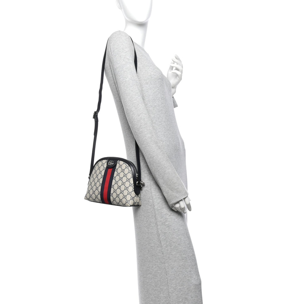 GG Supreme Monogram Textured Dollar Calfskin Web Small Ophidia Dome Shoulder Bag Beige Blue wholesalehk.shop