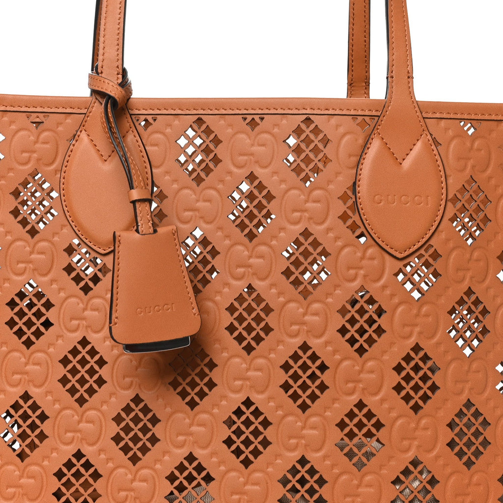 Calfskin GG Monogram Diamond Cut Medium Ophidia Tote Bag Brown wholesalehk.shop