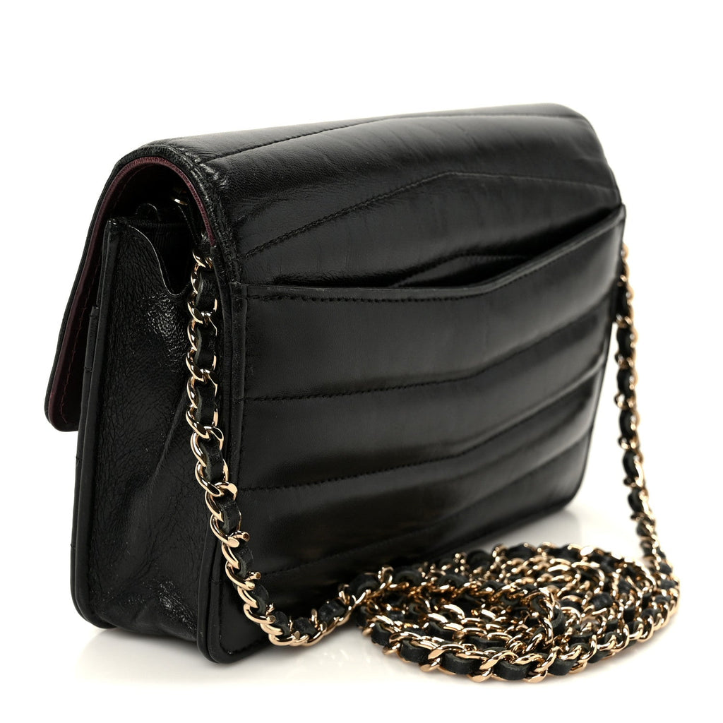 Lambskin Chevron Quilted Wallet On Chain WOC Black wholesalehk.shop