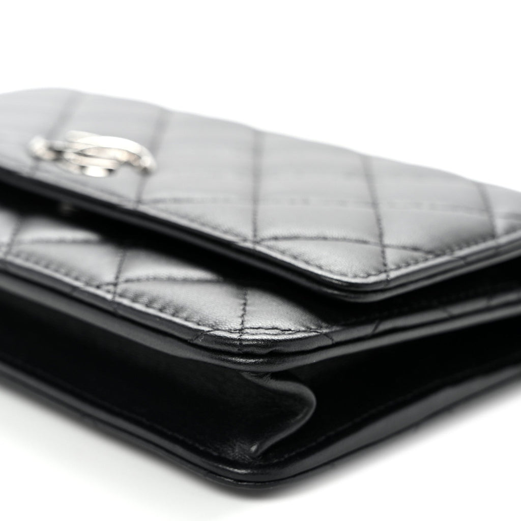 Lambskin Quilted Enamel CC Wallet on Chain WOC Black wholesalehk.shop