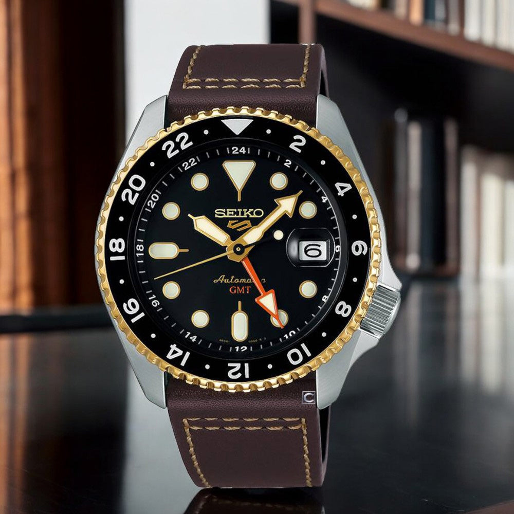 Seiko 5 Sports SKX GMT Automatic Mocha Black Dial Brown Leather Strap Watch For Men - SSK036K1 wholesalehk.shop