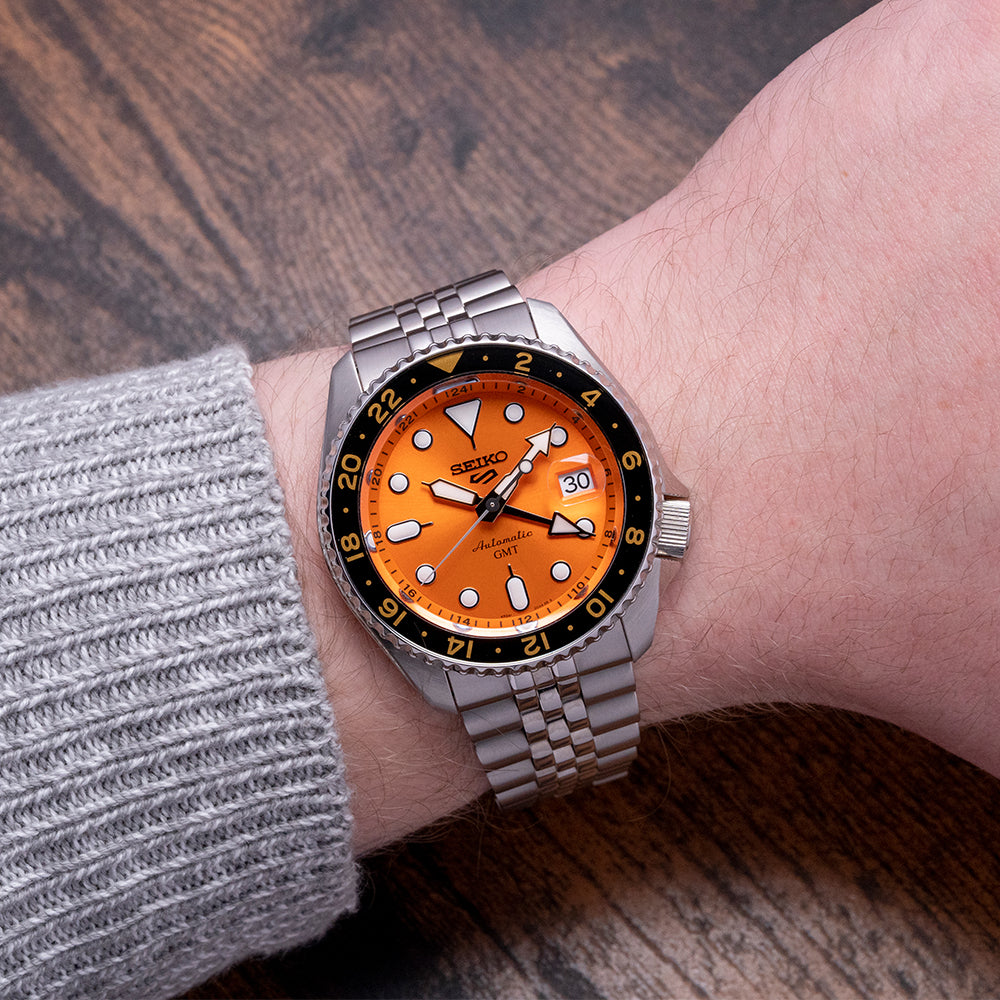 Seiko 5 Sports GMT Automatic Orange Dial Silver Steel Strap Watch For Men - SSK005K1 wholesalehk.shop