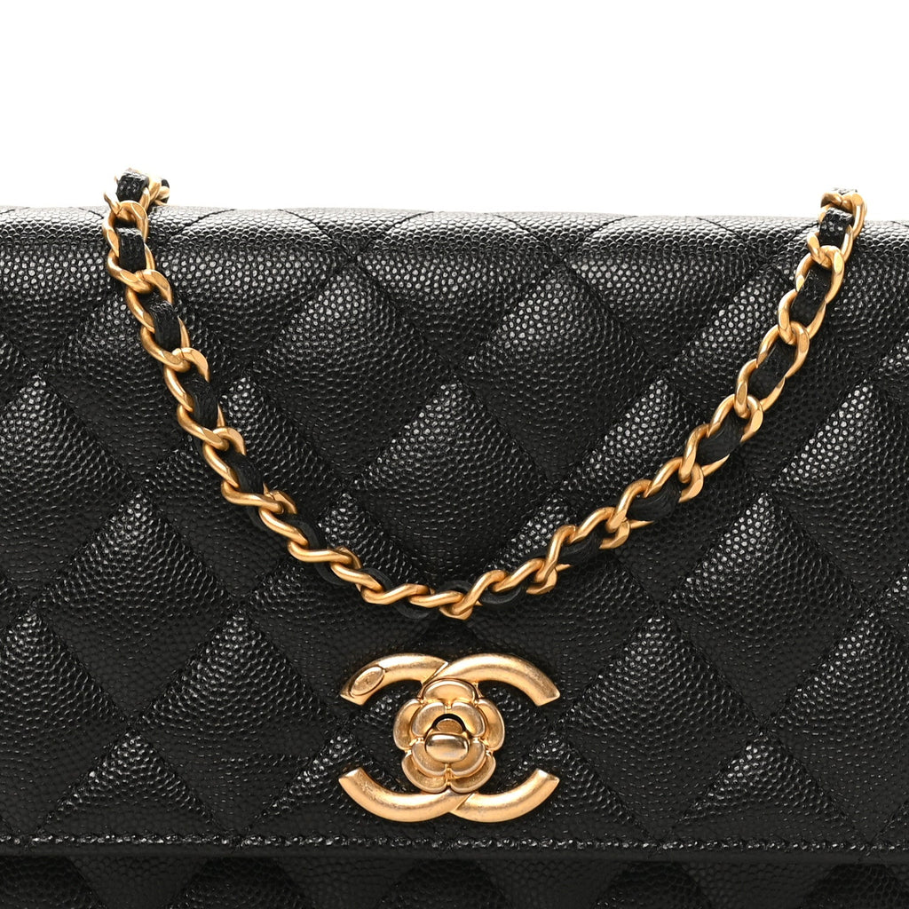 Caviar Quilted Camellia Wallet On Chain WOC Black wholesalehk.shop