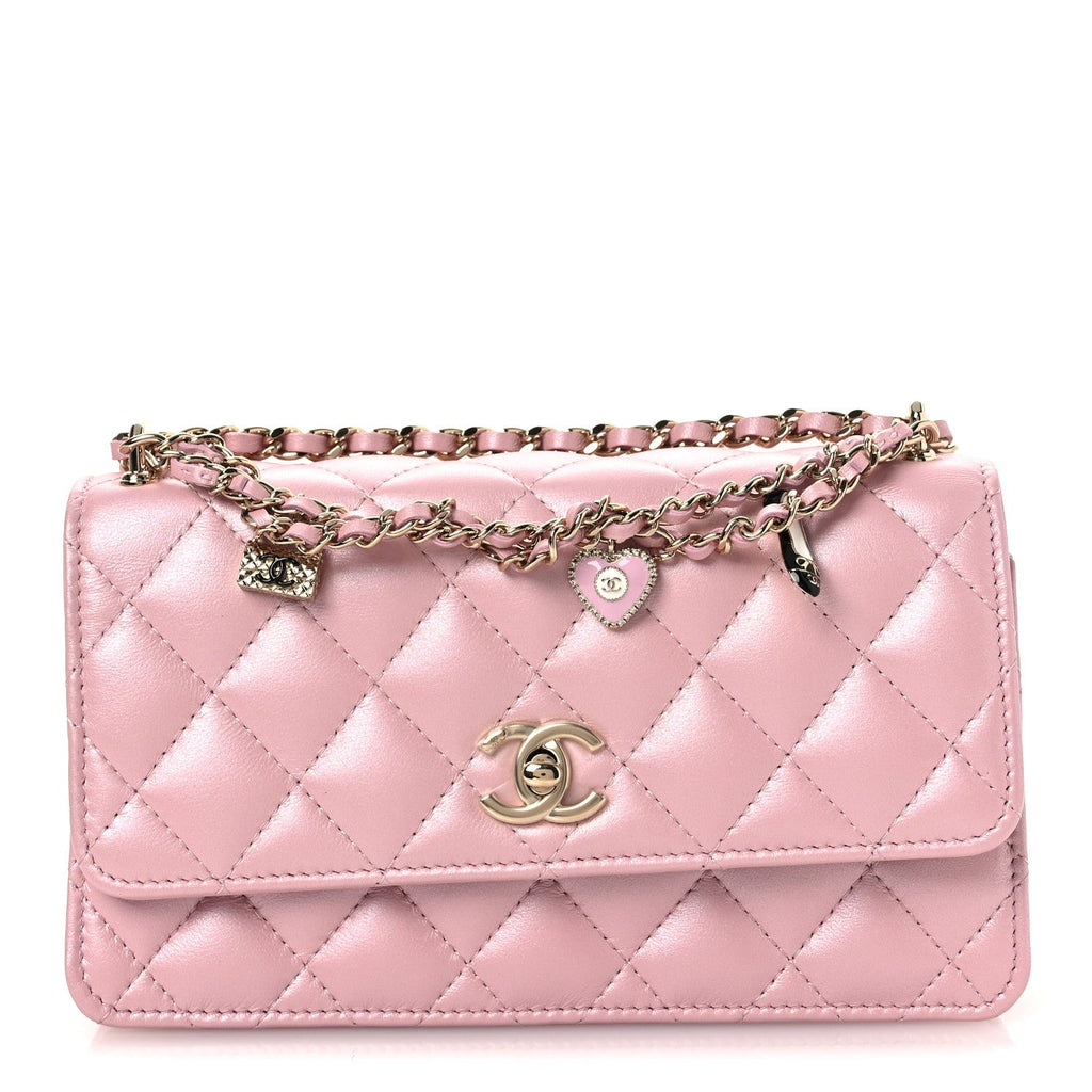 Pearly Lambskin Quilted Charms Wallet On Chain WOC Light Pink wholesalehk.shop