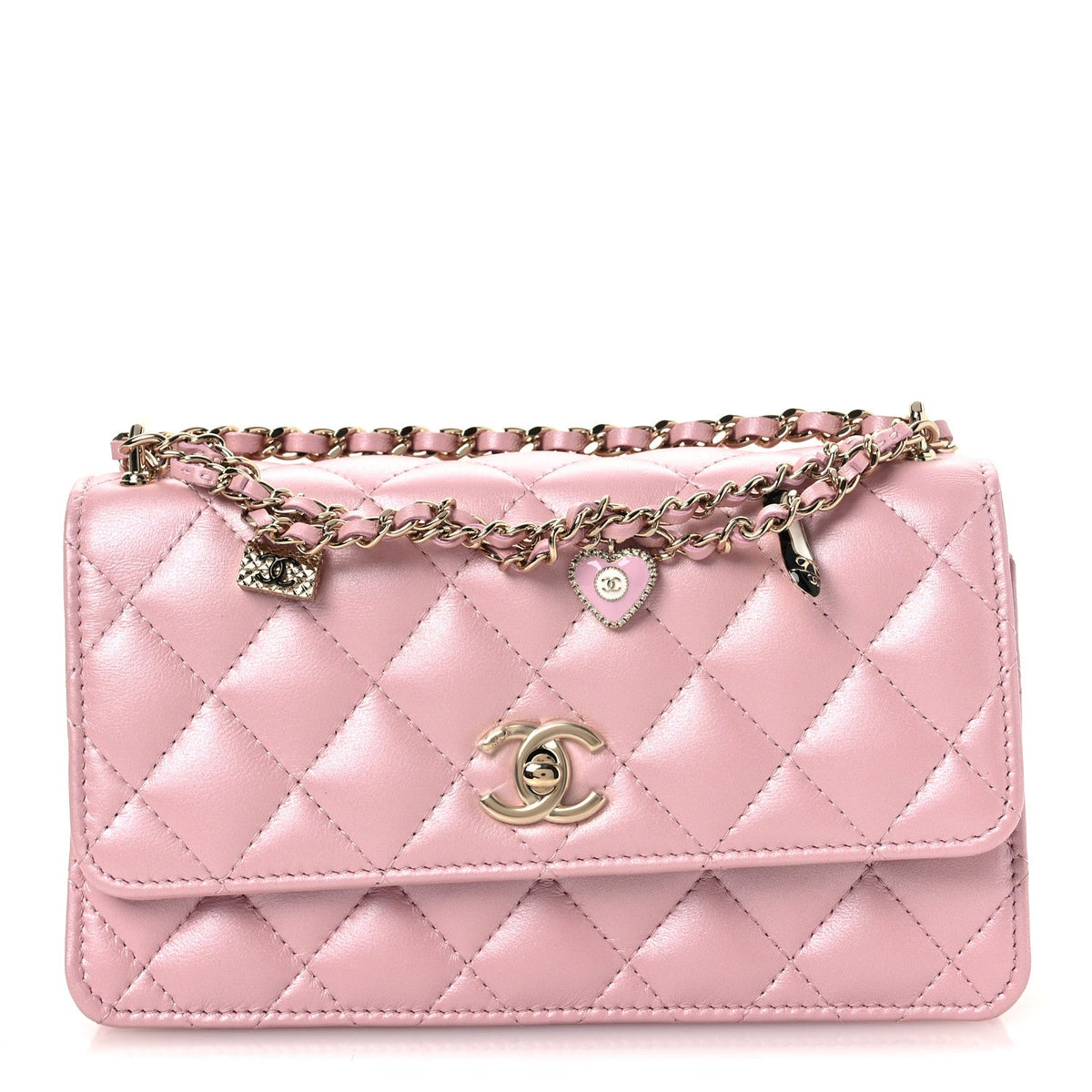 Pearly Lambskin Quilted Charms Wallet On Chain WOC Light Pink wholesalehk.shop