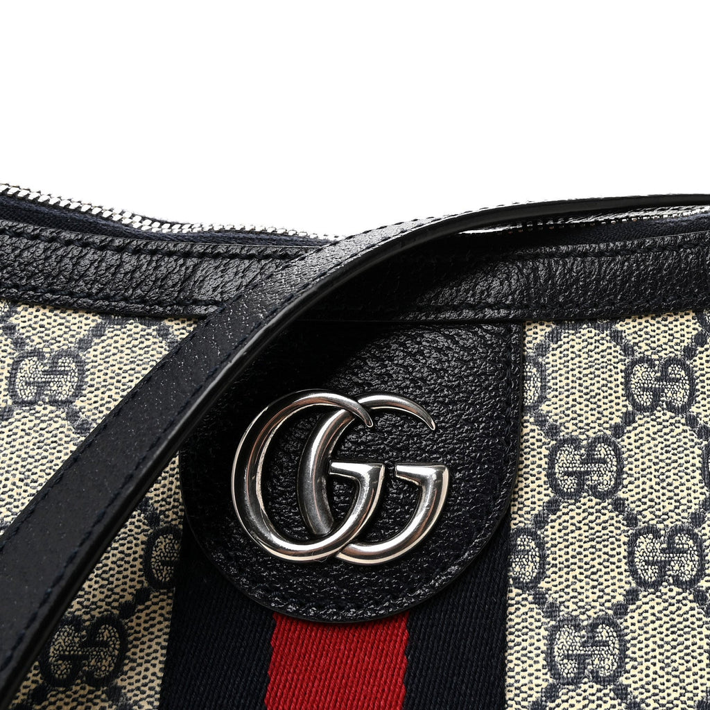 GG Supreme Monogram Textured Dollar Calfskin Web Small Ophidia Half Moon Hobo Beige Blue wholesalehk.shop