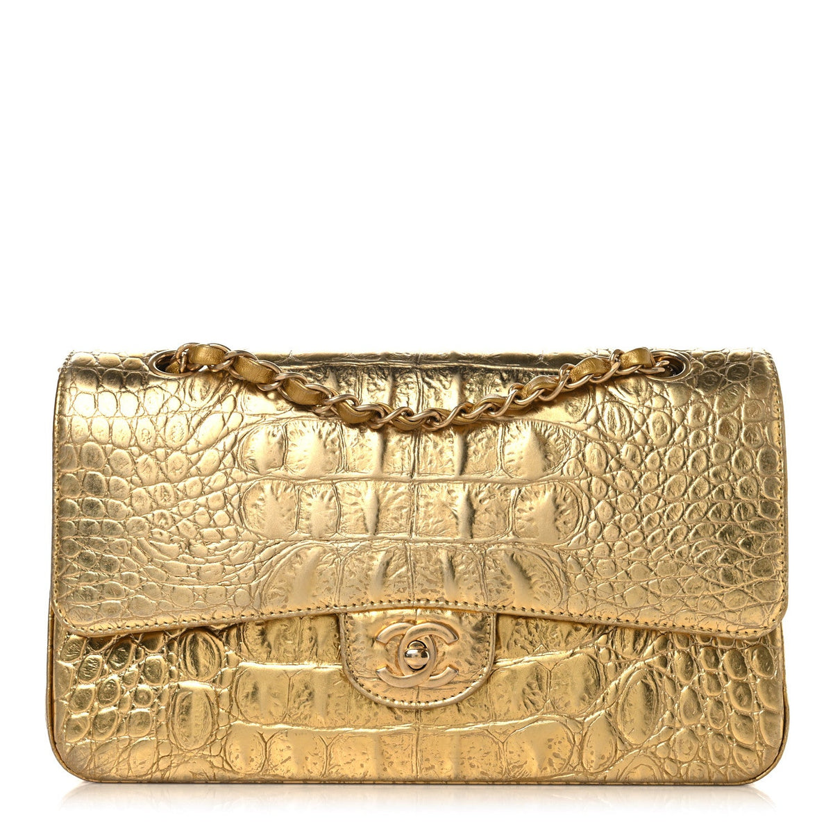 Metallic Calfskin Crocodile Embossed Cocodile Medium Double Flap Gold wholesalehk.shop