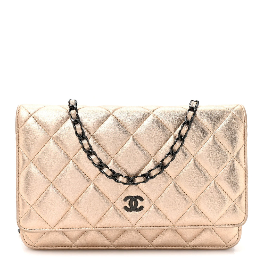 Metallic Lambskin Quilted Wallet On Chain WOC Gold Black wholesalehk.shop