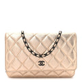 Metallic Lambskin Quilted Wallet On Chain WOC Gold Black wholesalehk.shop