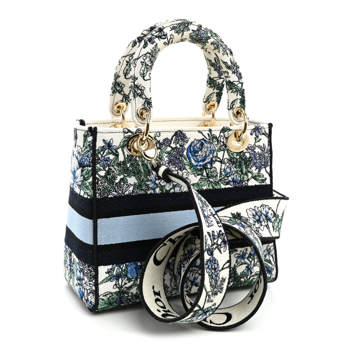 Canvas Embroidered Chardons Toile De Jouy Medium Lady D-Lite Blue Multicolor wholesalehk.shop