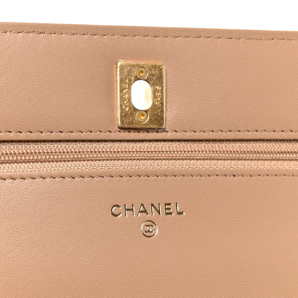 Lambskin Quilted CC Pearl Crush Wallet on Chain WOC Beige wholesalehk.shop