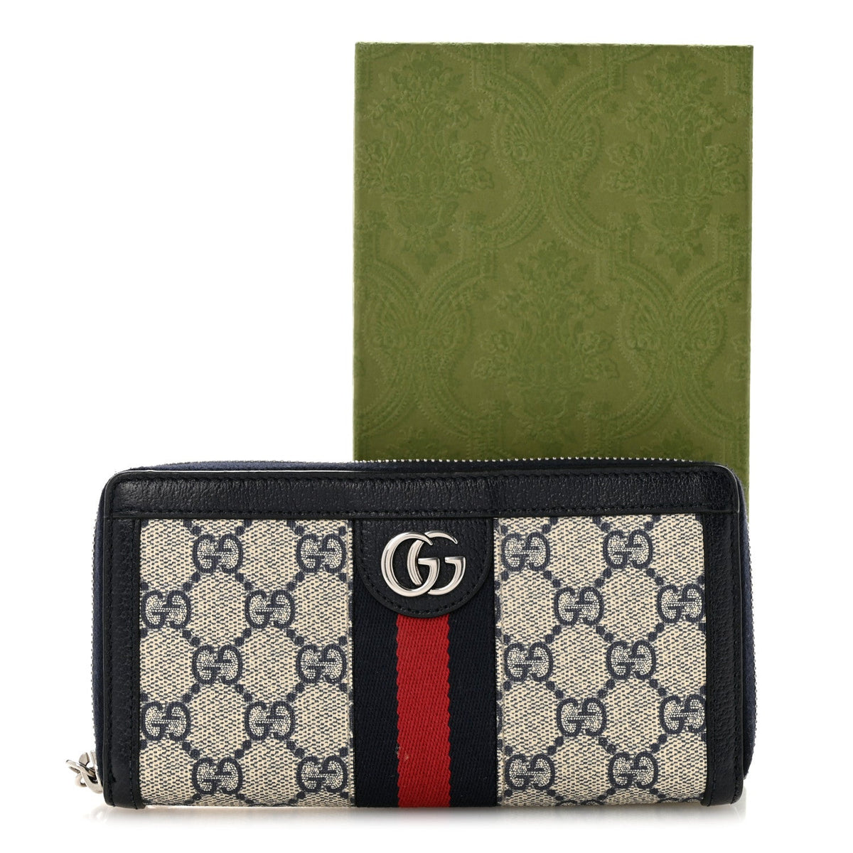 GG Supreme Monogram Textured Dollar Calfskin Web Ophidia Zip Around Wallet Beige Blue wholesalehk.shop