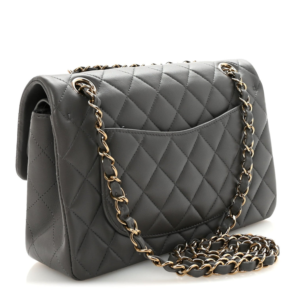 Lambskin Quilted Small Double Flap Grey wholesalehk.shop