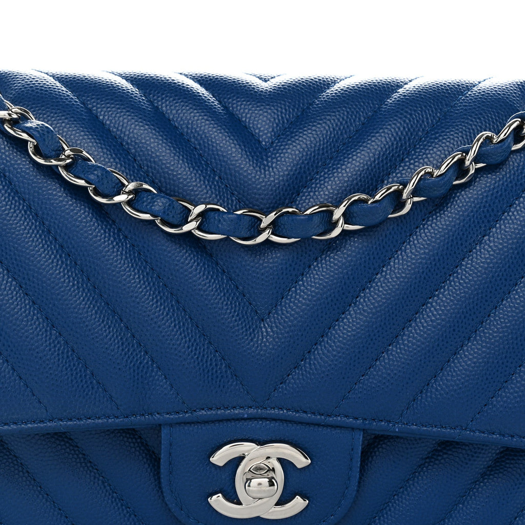 Caviar Chevron Quilted Medium Double Flap Blue wholesalehk.shop