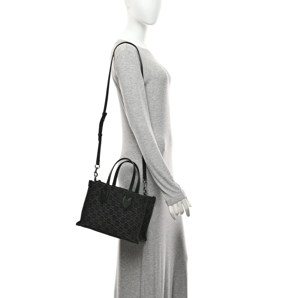 Denim Ophidia GG Monogram Tote Medium Black Grey wholesalehk.shop