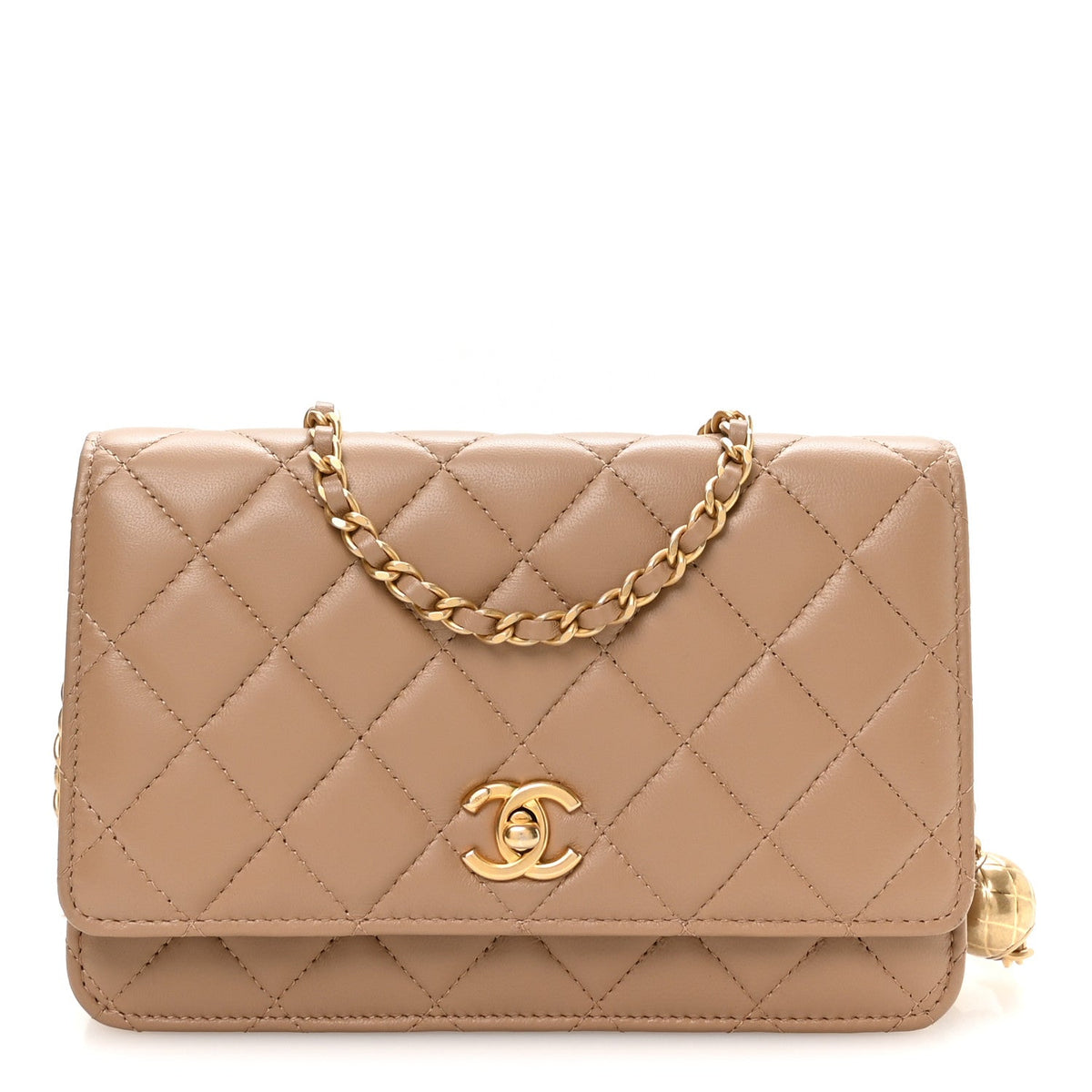 Lambskin Quilted CC Pearl Crush Wallet on Chain WOC Beige wholesalehk.shop