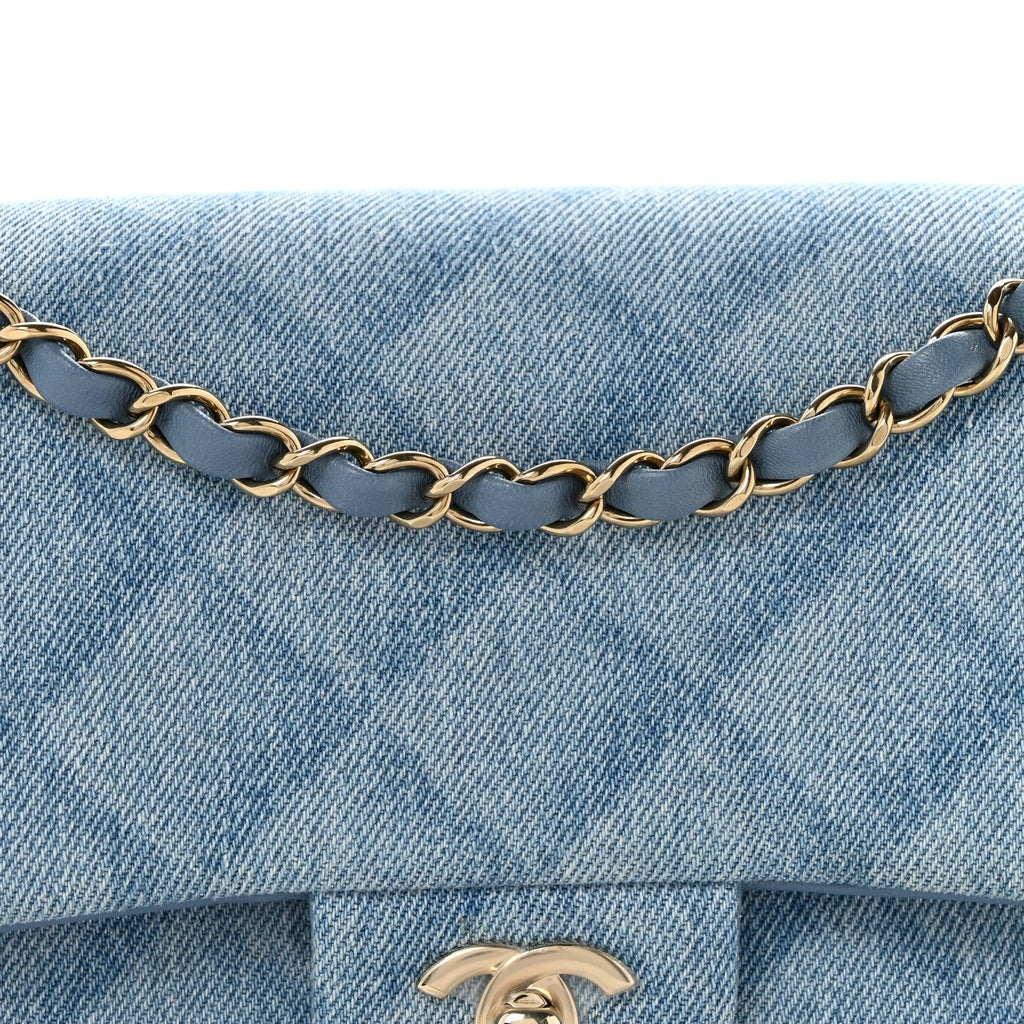 Printed Denim Quilted Medium Double Flap Light Blue wholesalehk.shop