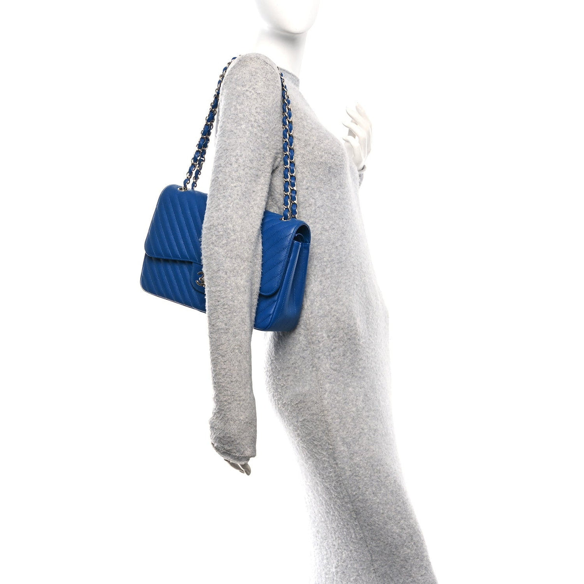 Caviar Chevron Quilted Jumbo Double Flap Blue wholesalehk.shop