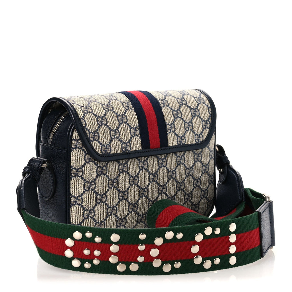 GG Supreme Monogram Textured Dollar Calfskin Web Studded Mini Ophidia Flap Shoulder Bag Beige Blue wholesalehk.shop